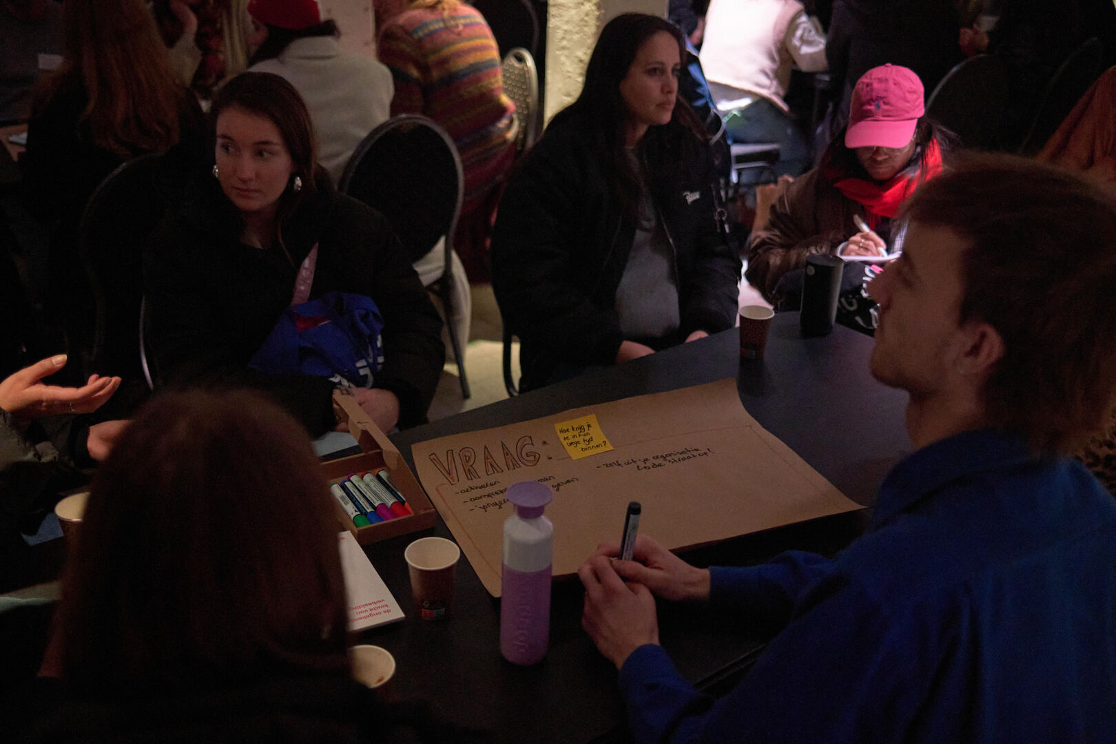 deelnemers schrijven in de open space hun vraag op een groot vel papier